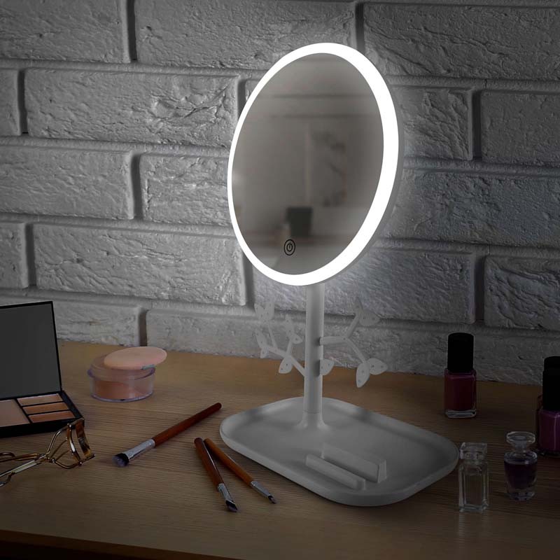 Miroir de table blanc avec LED et porte-bijoux recharcheable MIZO de Yoghi