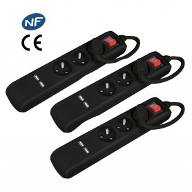 Lot de 3 blocs 3 prises + interrupteur + 2 ports USB noir FNBKU03_ BLACK_X3 de la marque Pullman