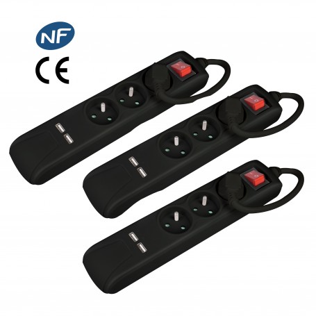 Lot de 3 blocs 3 prises + interrupteur + 2 ports USB noir FNBKU03_ BLACK_X3 de la marque Pullman