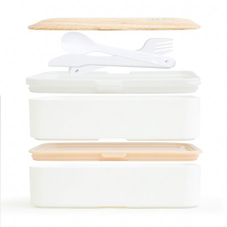 Lunch box hermétique 2 compartiments et couverts KWOOD2 blanc