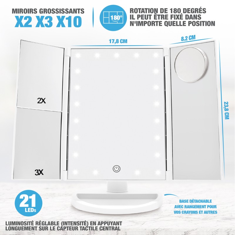 Miroir lumineux et grossissant x1, x2 et x3 TRIPTY3 Yoghi